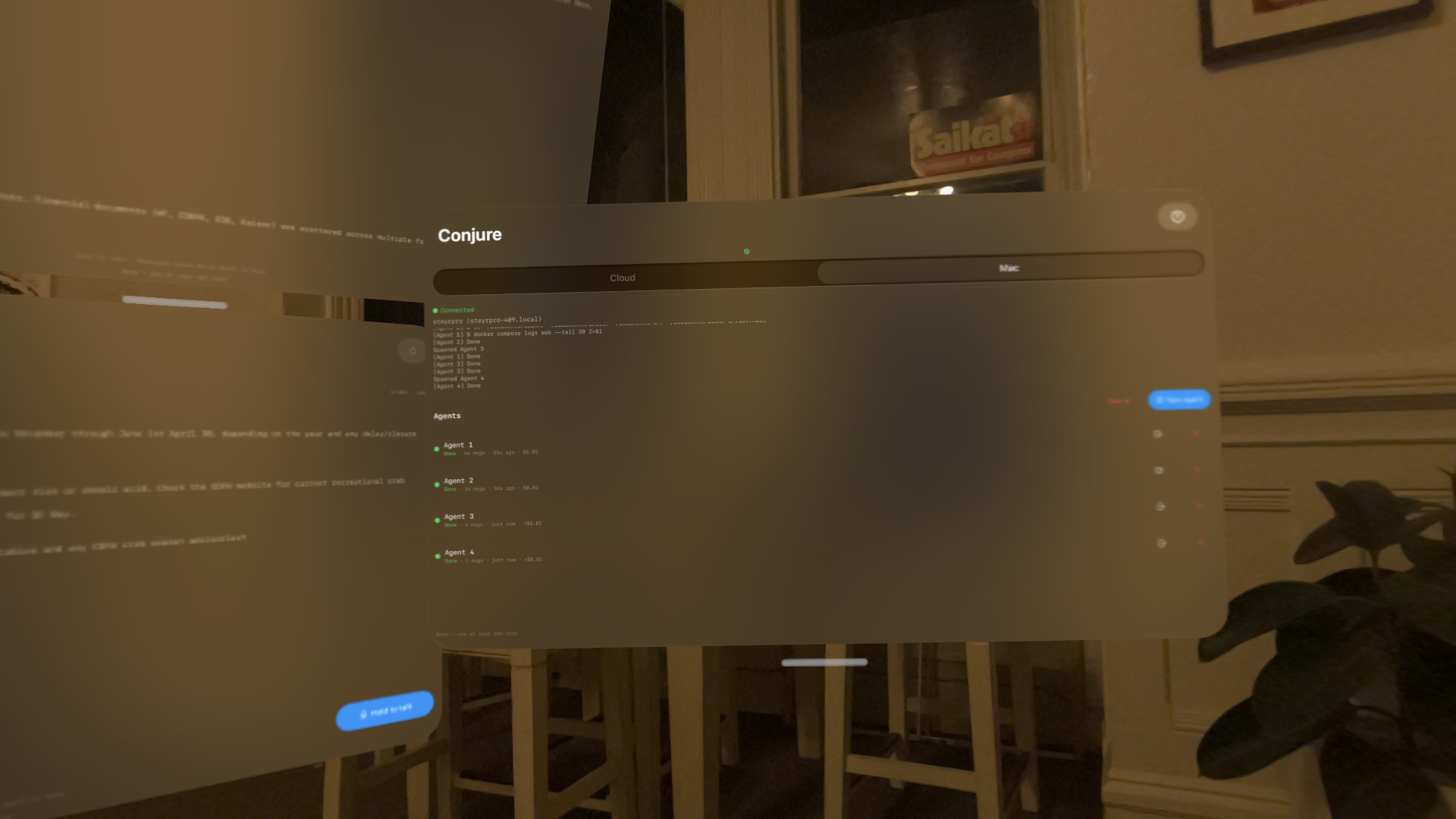 Dashboard showing four agents with status and cost tracking