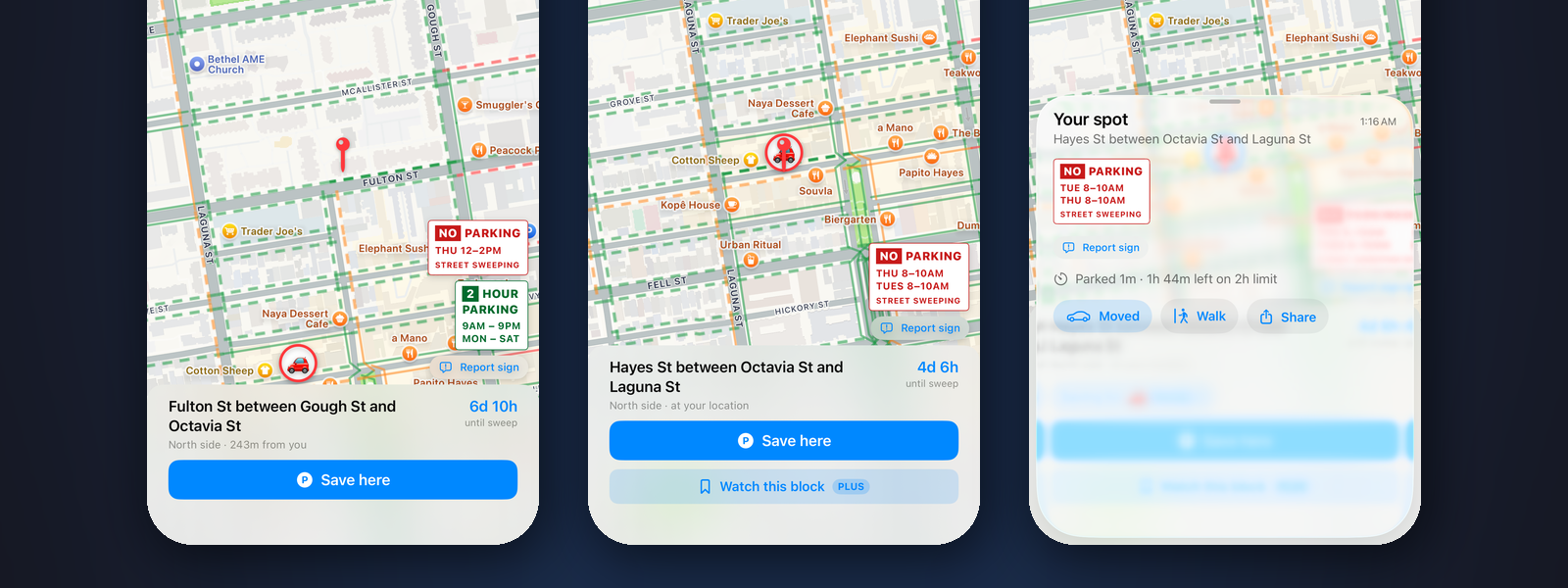 Three curbwise screens side by side: coloured curbs with a posted street-sweeping sign, a block with Save here and a PLUS-tagged Watch this block, and the saved-spot sheet with the walk-back actions.