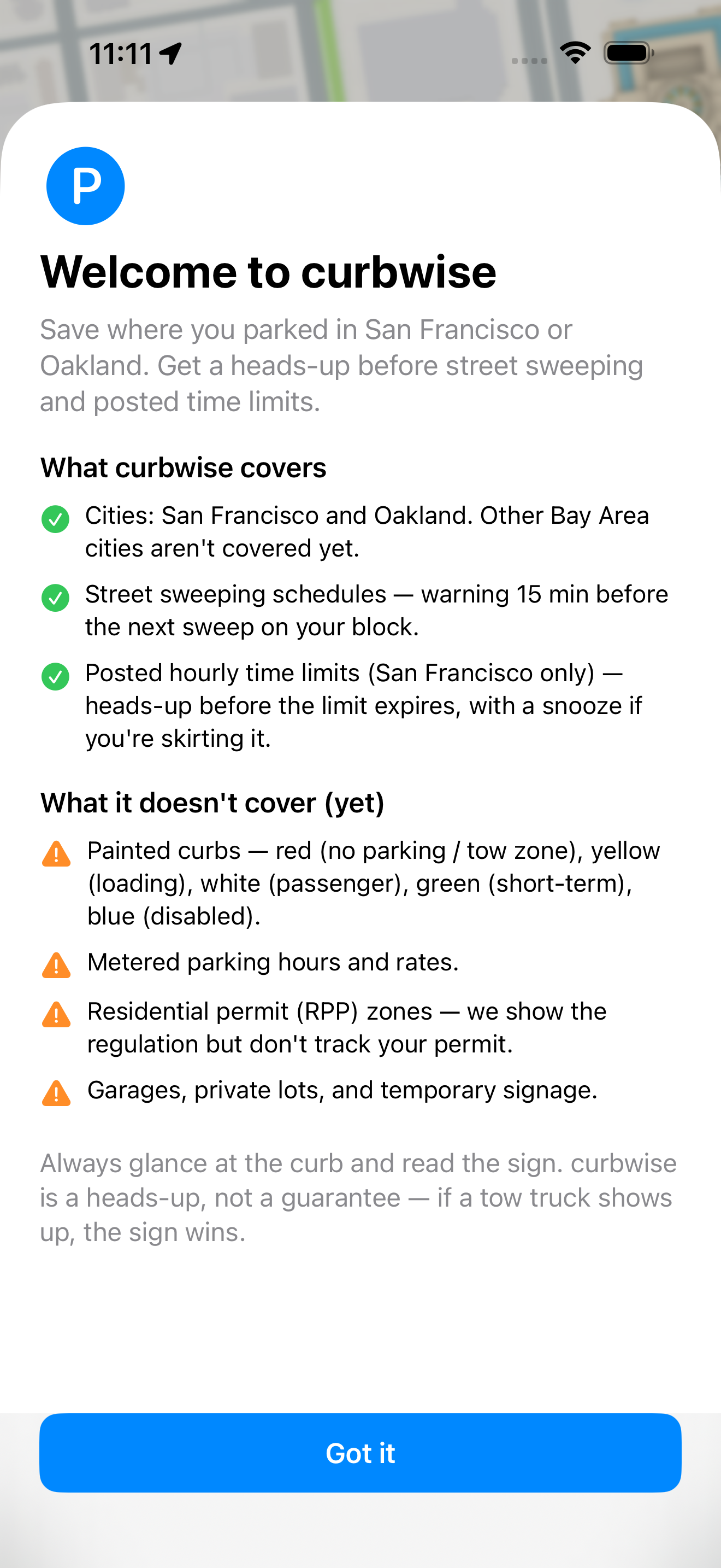 First-launch onboarding sheet listing what curbwise covers and what it doesn't.