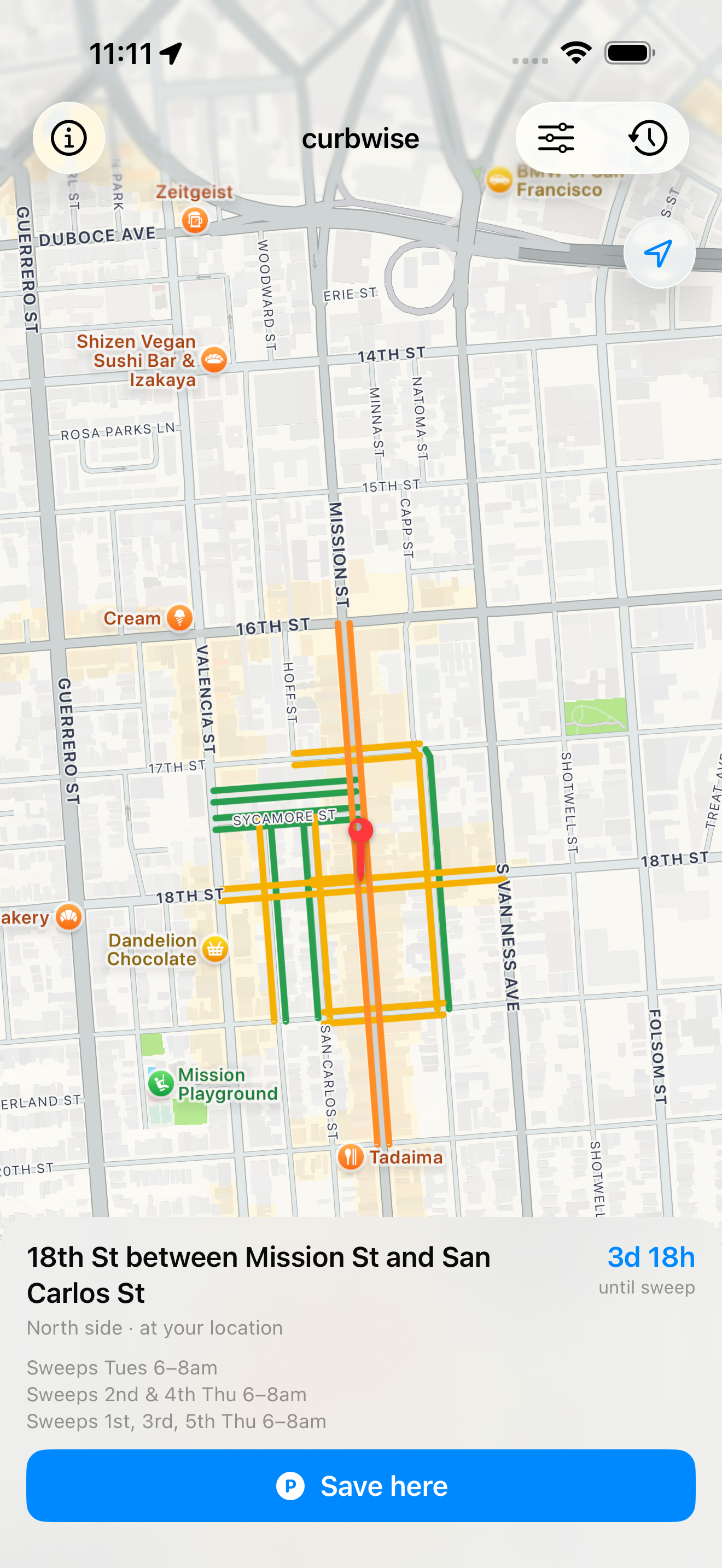 Home map showing the matched block's sweep + time-limit rules — colored polylines around it show how much time other nearby spots have left.