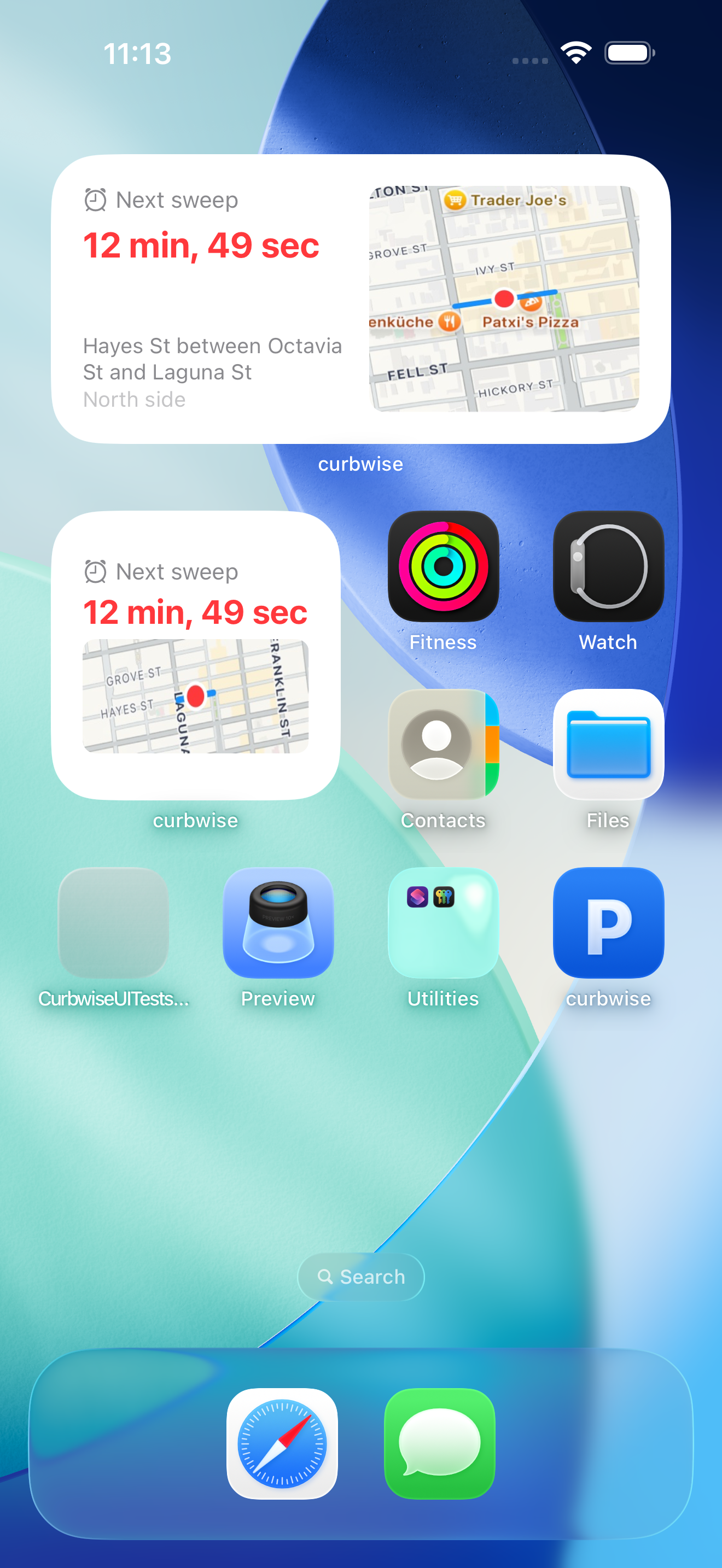 Home Screen widget showing Next Sweep countdown alongside a small map of the parked block.