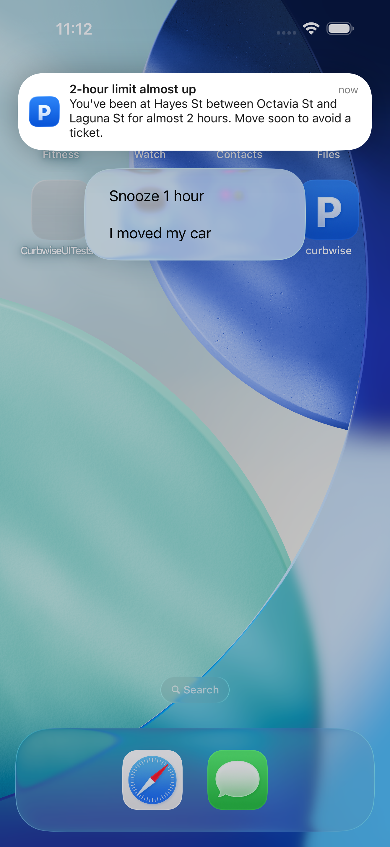 Expanded notification banner with Snooze 1 hour and I moved my car action buttons.