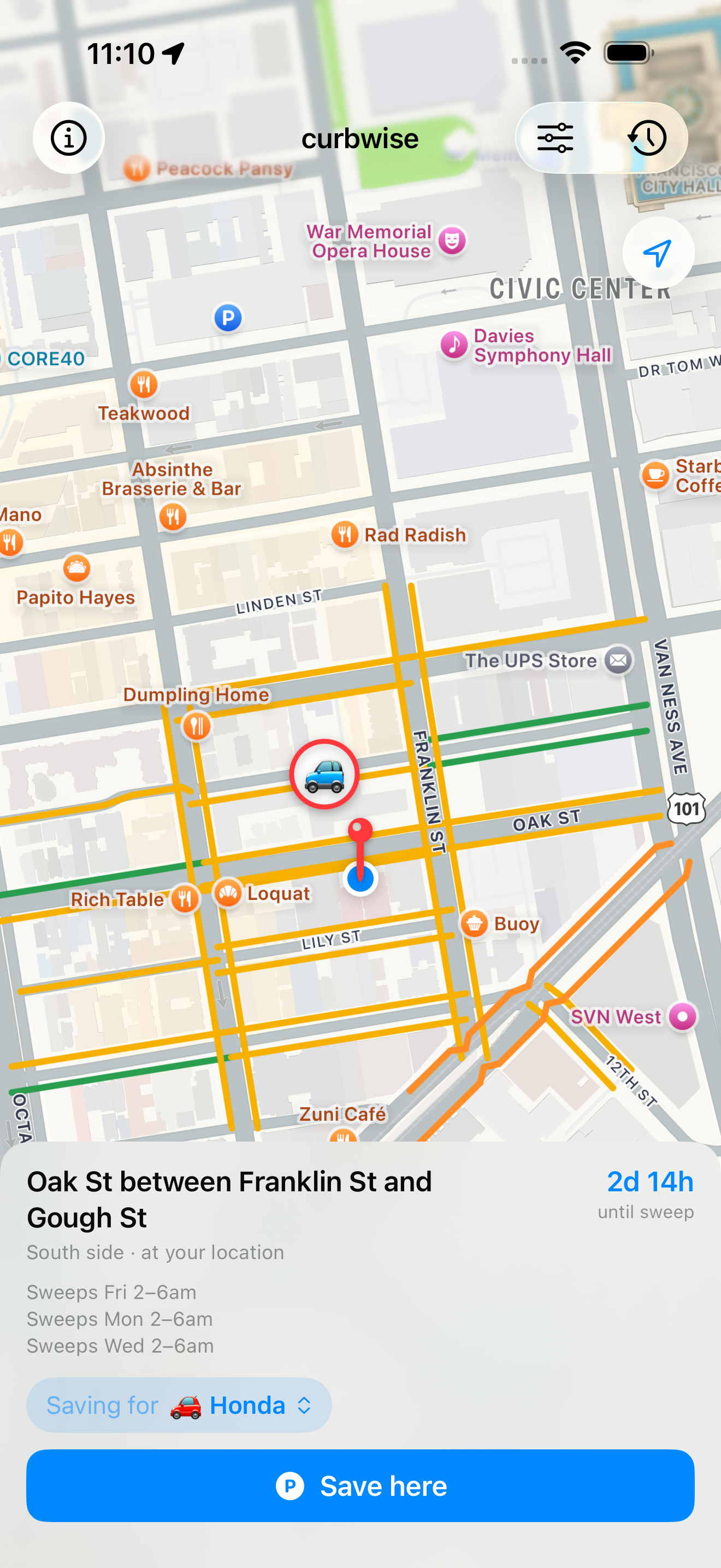 Unified home with multiple saved-spot pins on the map, one per car, each rendered with its own emoji.