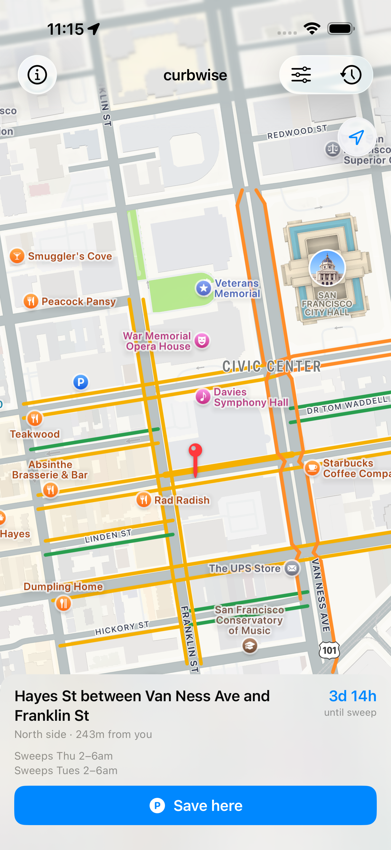 Pan the map and the pin moves with it; nearby curbs are colored red (sweep soon) to green (plenty of time) so the next-best spot is obvious at a glance.