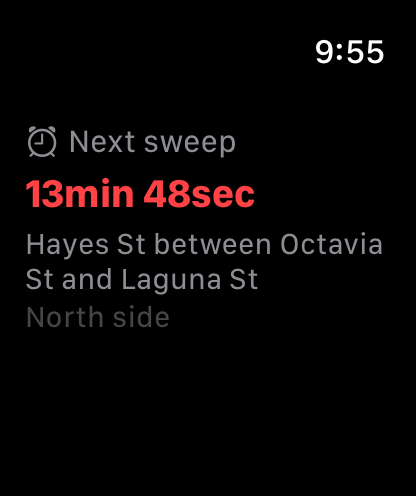 Apple Watch showing 'Next sweep: 13min 48sec' for Hayes St in red urgency.