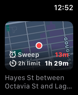 Apple Watch showing the next-sweep countdown over a map of the parked block.