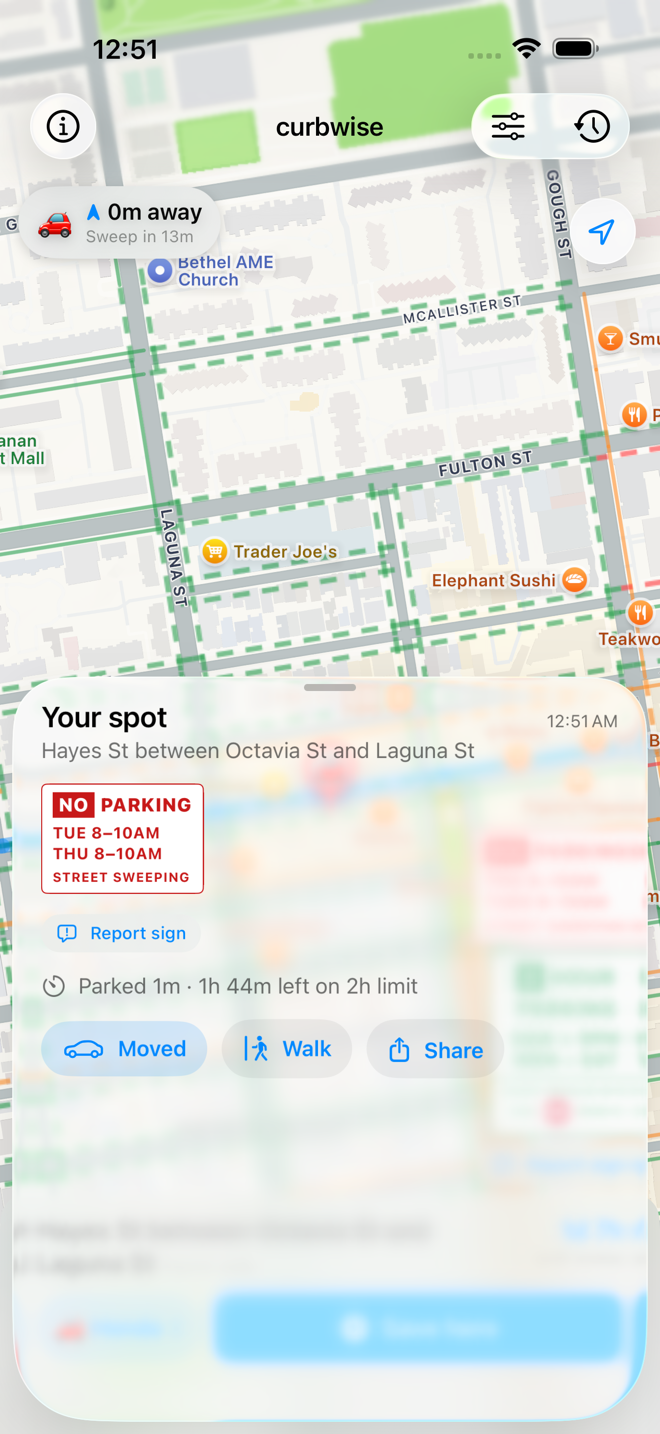 The saved-spot sheet: the block's posted sweeping sign, time parked and time left on the 2-hour limit, and Moved / Walk / Share buttons.
