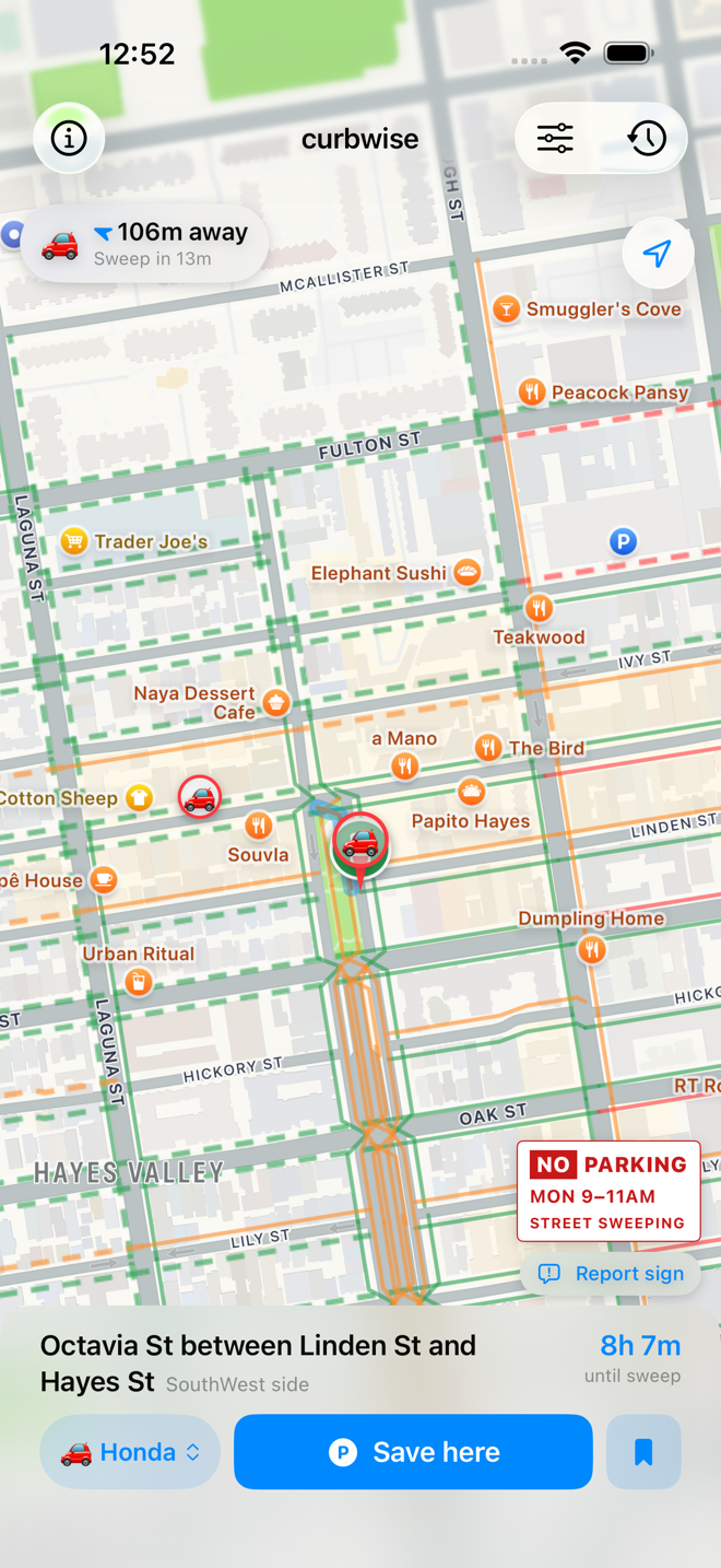 A watched block marked with a green bookmark on the map, the bookmark button on the bottom card filled in to show the block is being watched.